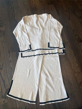 Cream Knit Two-Piece Set with Black Trim